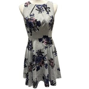 Elle Blue Gray Purple Fit and Flare Halter Mini Babydoll Floral Work Dress sz 4